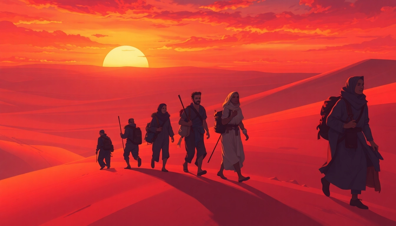 People journeying through a vibrant desert landscape, evoking the spirit of Exodus.