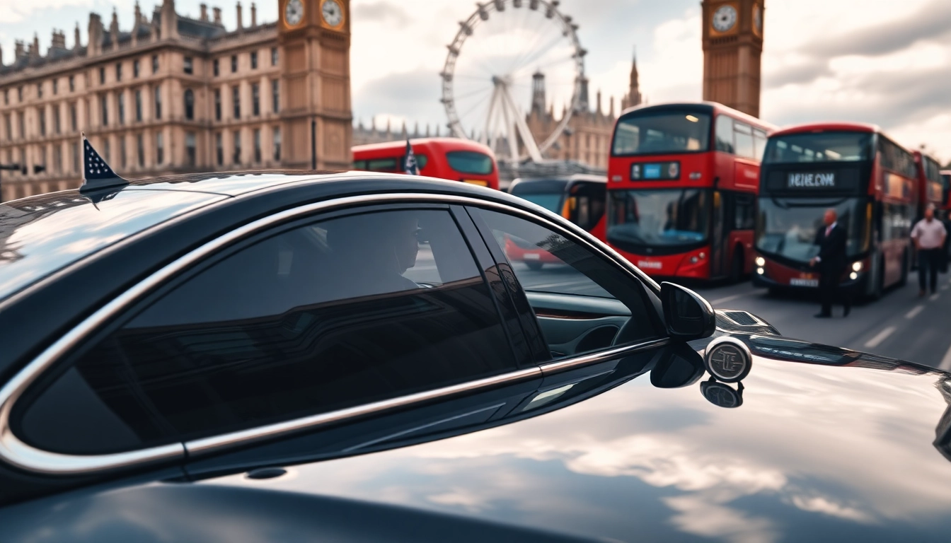 Experienced london chauffeur driving a luxury sedan with London landmarks in the background.