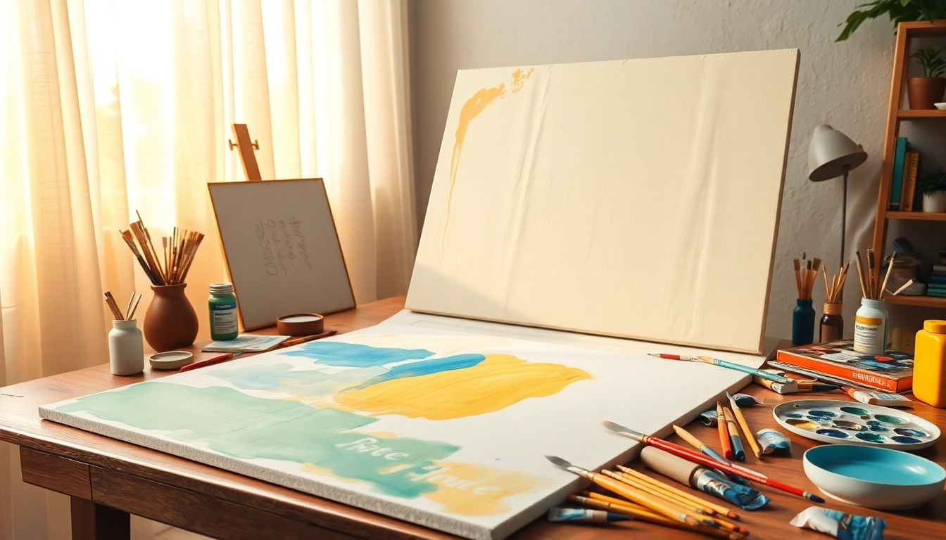 Creëer met een canvas en schildertools op een zonnige werkplek.