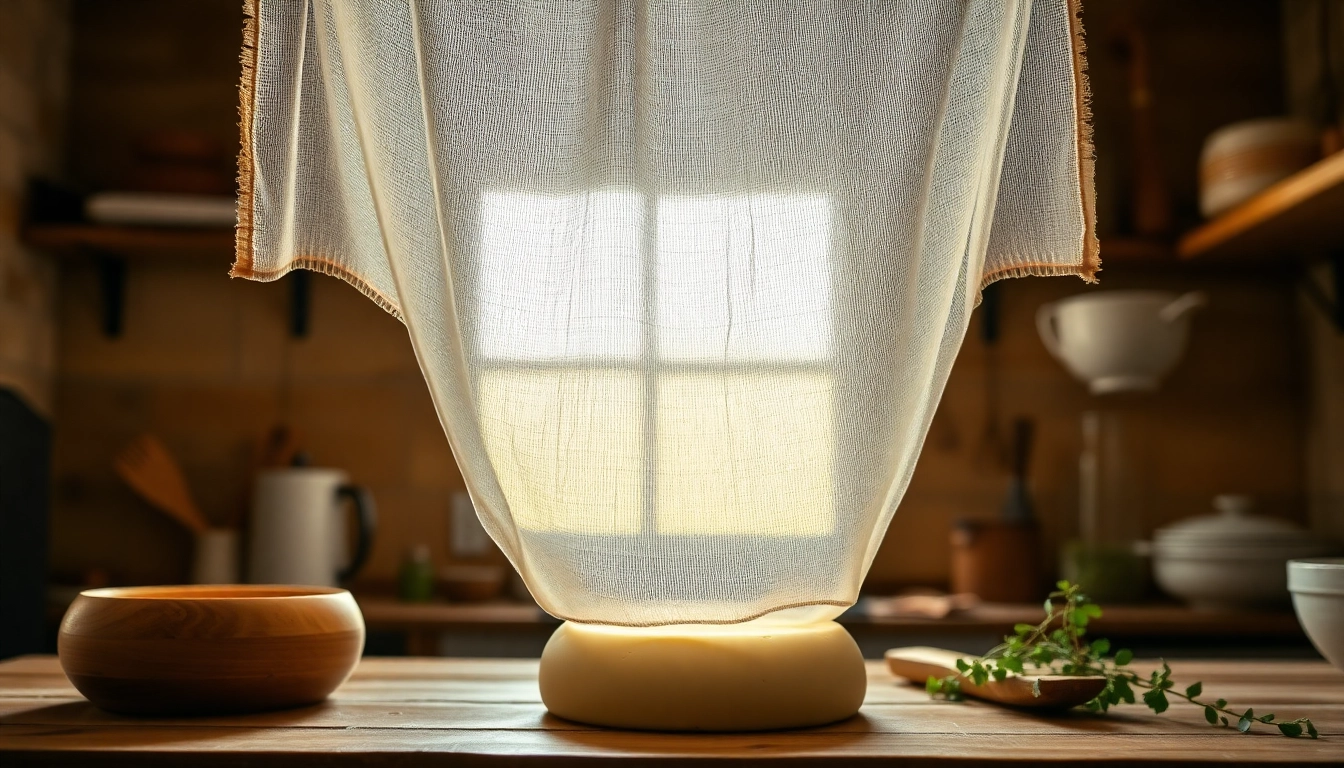Kaasdoek die over een houten countertop hangt met verse kaas eronder, in een rustieke keuken.
