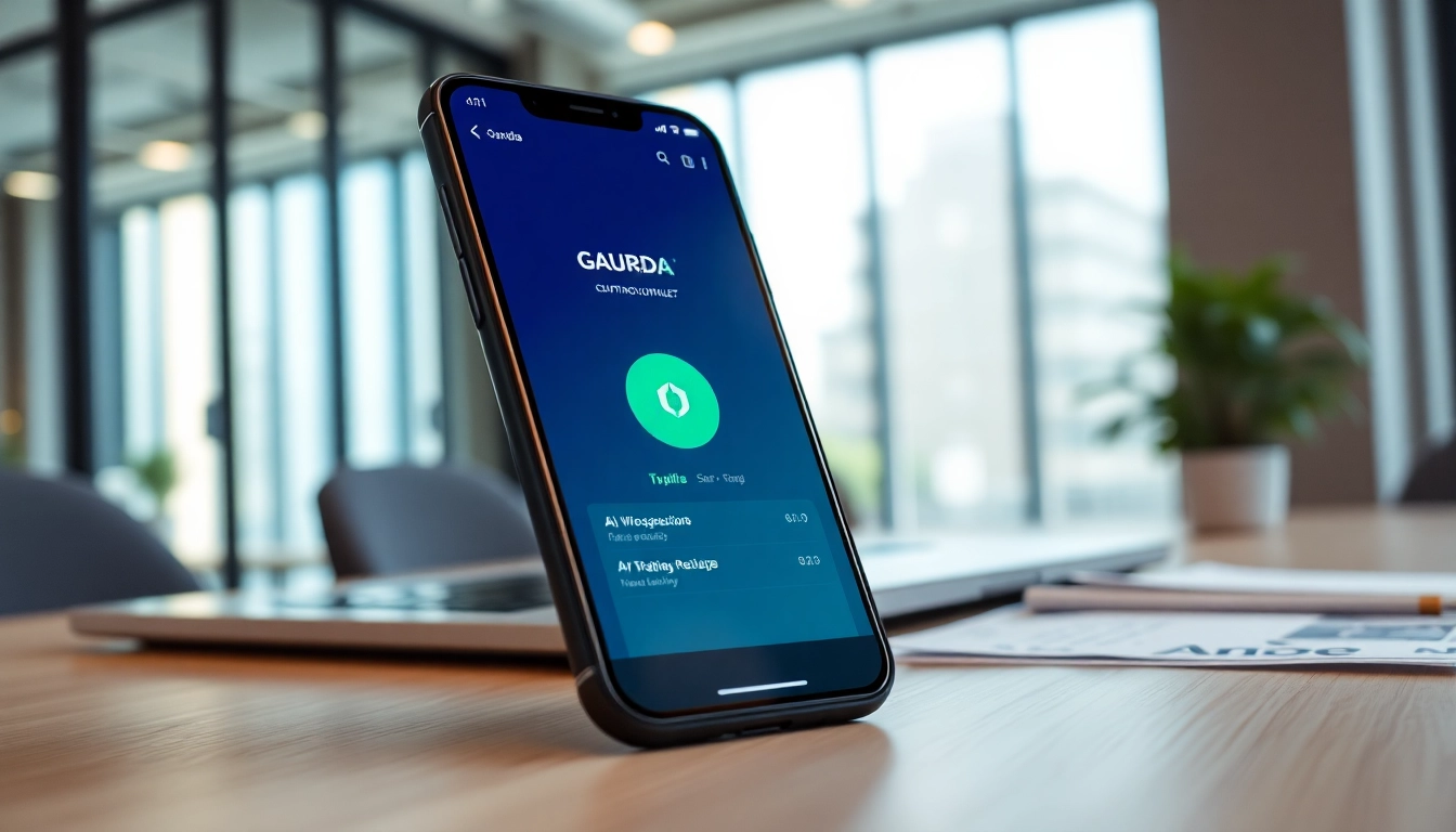 Showcase the gaurda wallet interface on a smartphone in a professional setting, emphasizing usability.