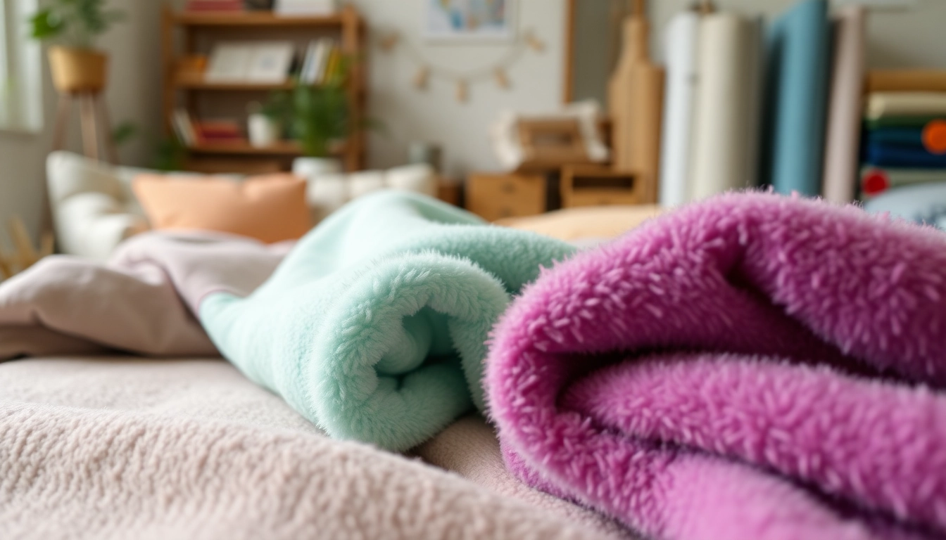 Bezoekers bekijken fleece stof met diverse kleuren en texturen.