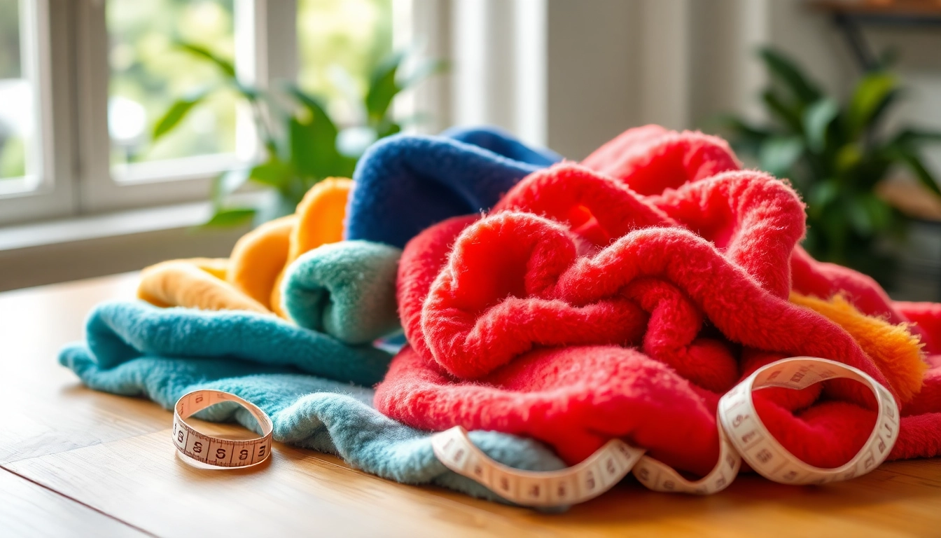 Fleece stoffen in verschillende kleuren en texturen, ingericht op een houten tafel.
