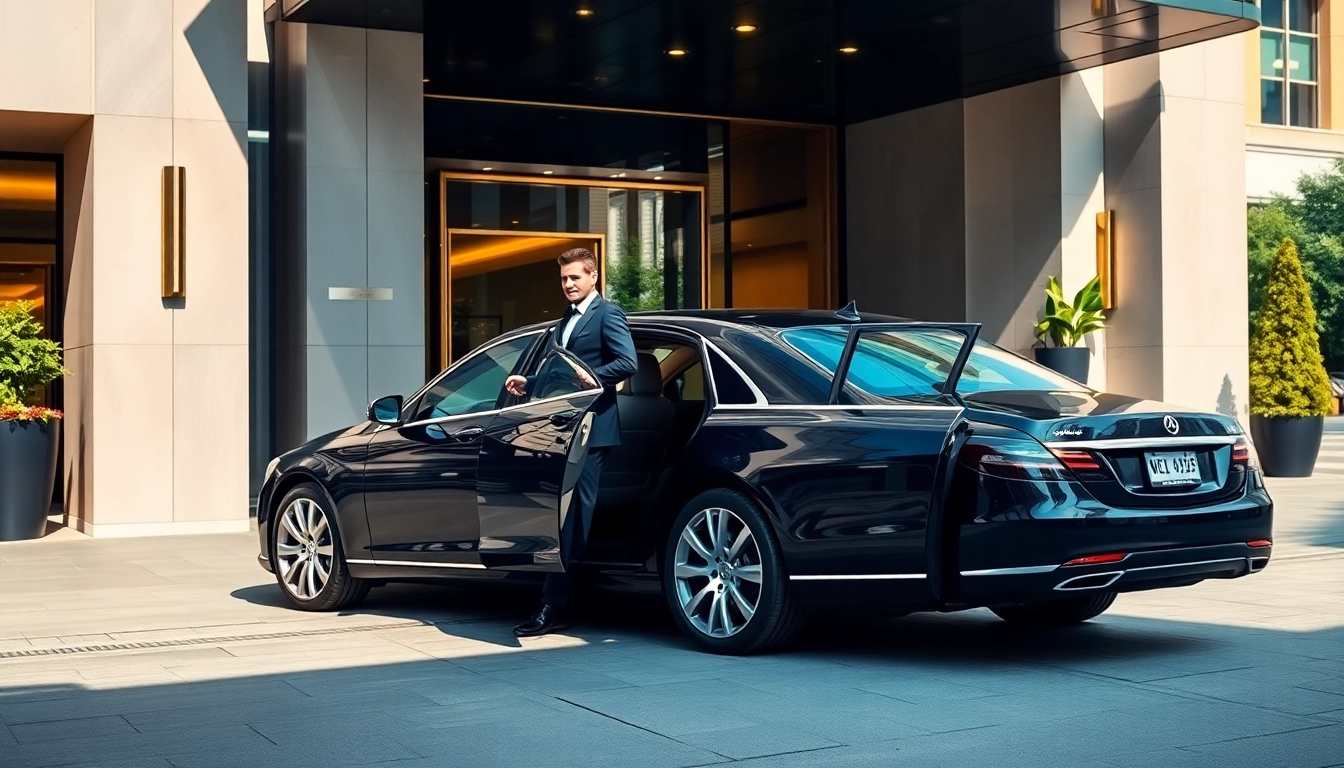 Experience premium vip chauffeur service with a professional chauffeur welcoming guests at a luxury hotel.