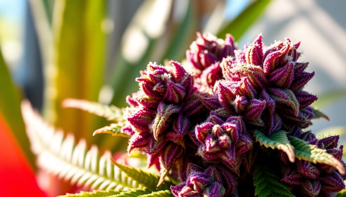 Examine the miami runtz strain with its vibrant buds and intricate trichomes in a tropical setting.
