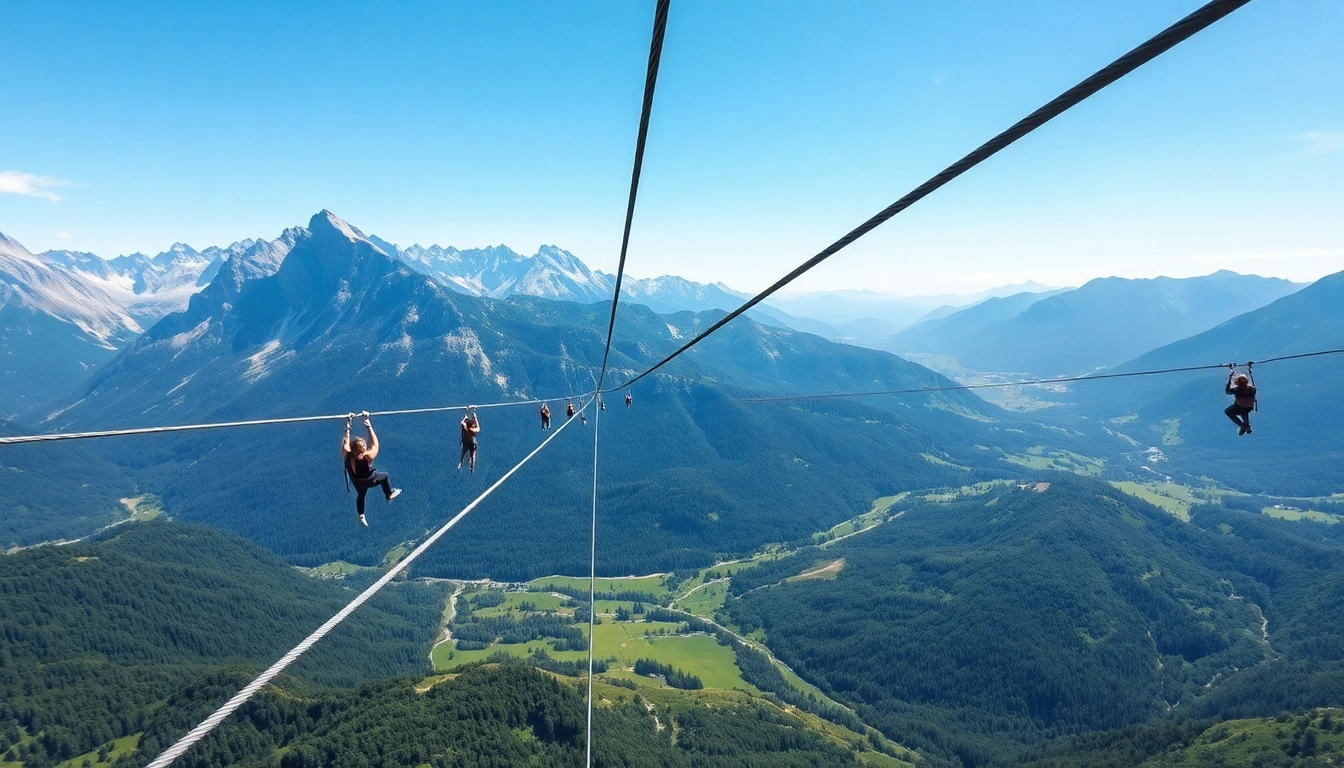 Jasna slika Bovec zipline, ki razteza čez slikovito dolino Učja z avanturisti v akciji.