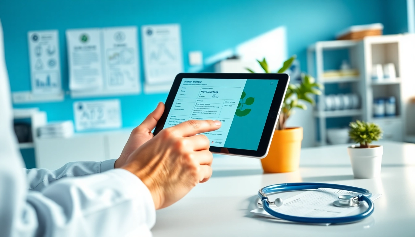 Engaged doctor using eprescribing software for doctors on a tablet in a modern clinic setting.