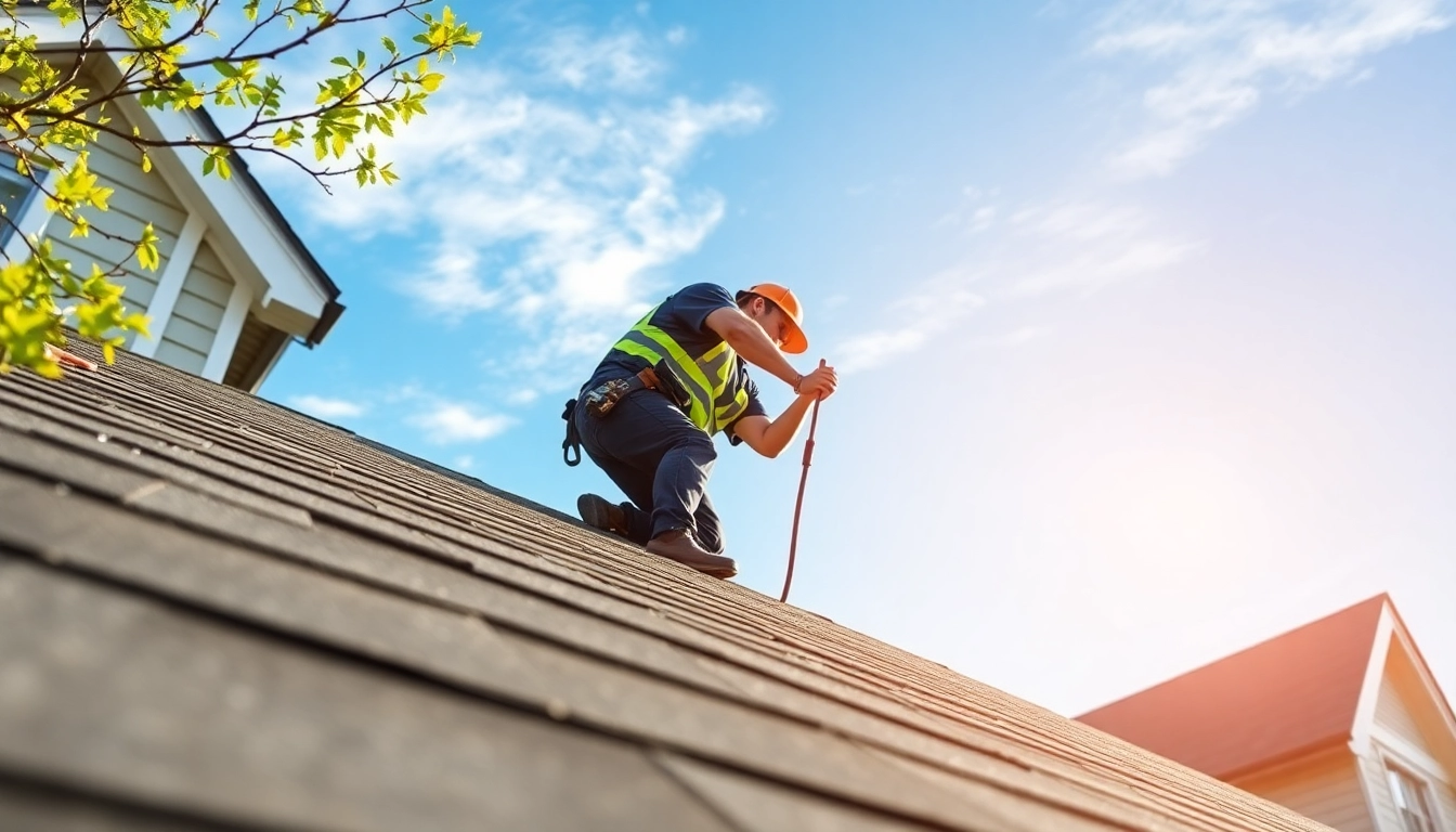 Showcasing roofing replacement in Portland Oregon with a contractor repairing a home roof.